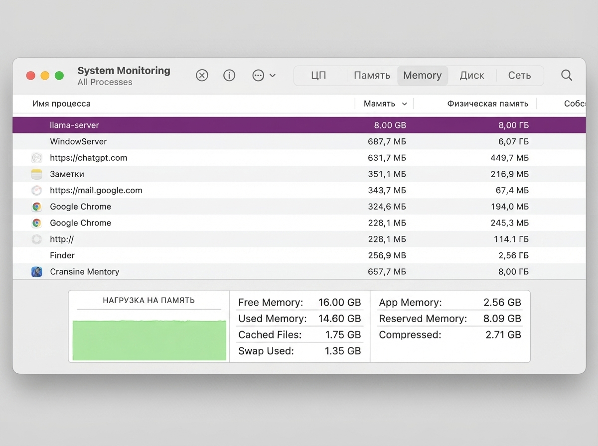 System Activity Monitor showing llama-server using 8.00 GB unified memory