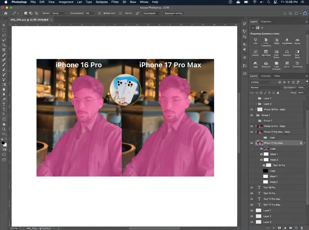 Photoshop automatic layered mask isolation on iPhone comparison photos